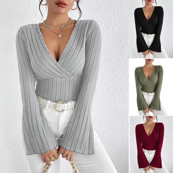 Women's Autumn And Winter Rib Sunken Stripe V-neck Flared Slim-fit Long Sleeve T-shirt Elegant Women's Top - Image 5